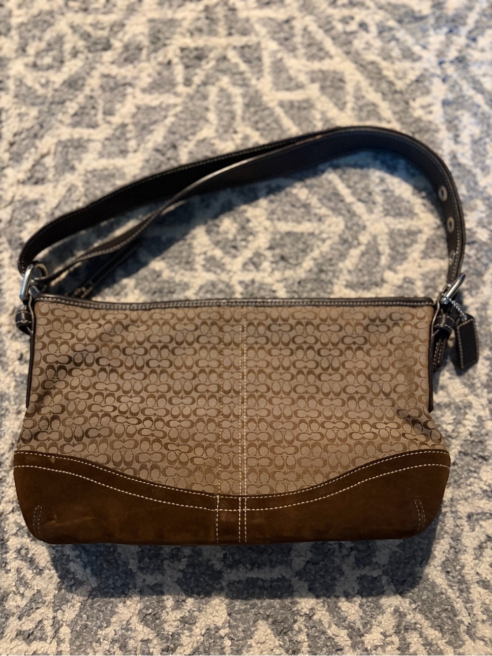 Coach Brown Signature Canvas Shoulder Bag with Suede Trim